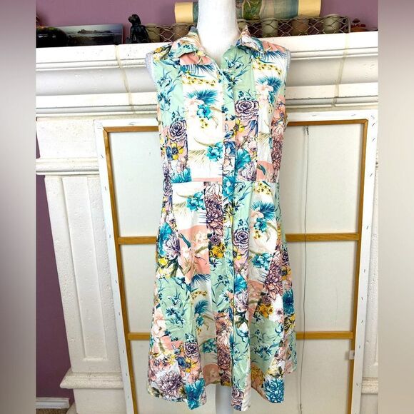 Vintage Floral Patchwork Print Fit & Flare button down shirt dress w/ pockets - Picture 4 of 12